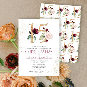 Invitación Floral número 15 Burgundy Gold Quinceañera
