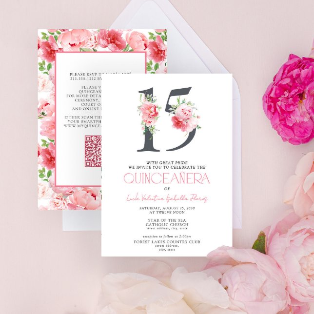Invitación Floral Número 15 Elegante Rosa QR Quinceañera (Subido por el creador)