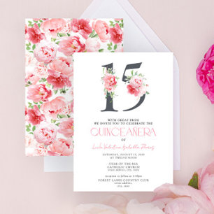Invitación Floral Número 15 Elegante Rosa Quinceañera Moderna