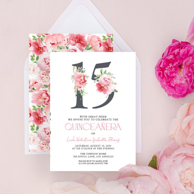 Invitación Floral Número 15 Elegante Rosa Quinceañera Moderna (Subido por el creador)