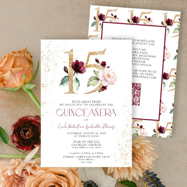Invitación Floral Número 15 QR Borgoña Oro Quinceañera (Subido por el creador)
