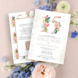 Invitación Floral Número 15 QR Rosa Rosa Rosa Oro Quinceañera