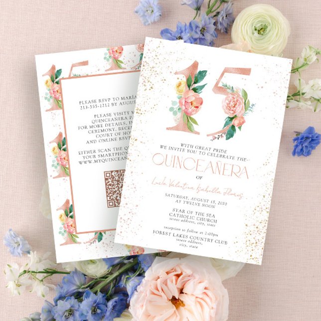 Invitación Floral Número 15 QR Rosa Rosa Rosa Oro Quinceañera (Subido por el creador)