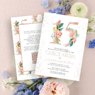 Invitación Floral número 15 Rosa Rosa Oro QR Quinceañera
