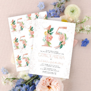 Invitación Floral número 15 Rosa Rosa Oro Quinceañera
