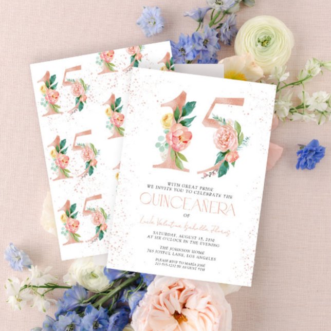Invitación Floral número 15 Rosa Rosa Oro Quinceañera (Subido por el creador)