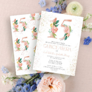 Invitación Floral número 15 Rosa Rosa Oro Quinceañera