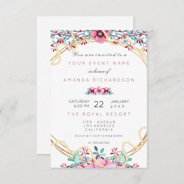 Invitación Floral Nupcial Cumpleaños Oro Rosa Perla Dulce Bla (Anverso / Reverso)
