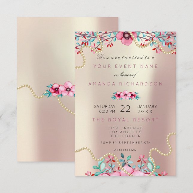 Invitación Floral Nupcial Cumpleaños Rosa Dorado Perla Dulce  (Anverso / Reverso)