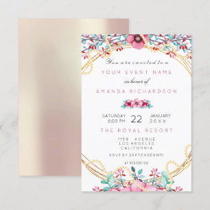 Invitación Floral Nupcial Cumpleaños Rosa Dorado Perlas Dulce