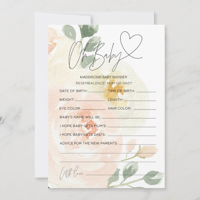 Invitación Floral Oh Baby Baby Shower Predication Wish Cards (Anverso)