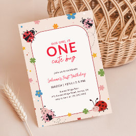 Invitación Floral One Cute Bug Ladybug Cumpleaños Fiesta de 1