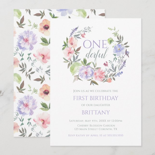 Invitación Floral Onederful First birthday Invitation (Anverso / Reverso)