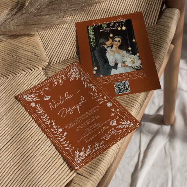 Invitación Floral Orange Terracotta Photo QR Code Wedding (Subido por el creador)