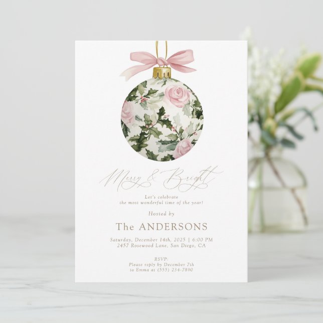 Invitación Floral Ornament Merry & Bright Christmas Party (Anverso de pie)