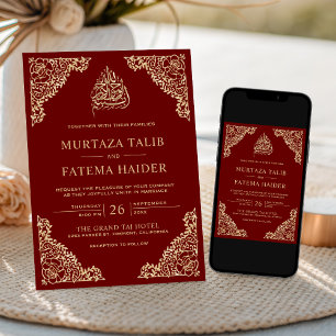 Invitación Floral Ornate Granate Dorado Boda Musulmana Islámi