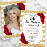 Invitación Floral Oro blanco Roses rojas foto 50 cumpleaños<br><div class="desc">Elegante, floral, femenina invitación de 50 años con tu foto en la parte trasera de la tarjeta. Diseño rojo y blanco brillante con oro falso purpurina. Presenta rayas, rosas rojas, letra de guión y confeti. Perfecto para un elegante fiesta de celebración de cumpleaños. Personaliza con tus propios detalles. ¡Se puede...</div>