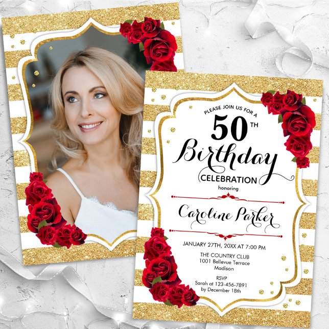 Invitación Floral Oro blanco Roses rojas foto 50 cumpleaños (Subido por el creador)
