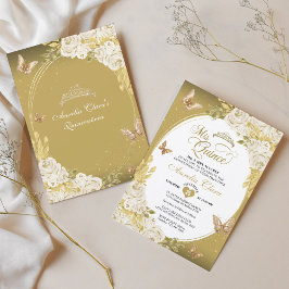 Invitación Floral Oro Blanco Tiara Mariposa Mis Quinceañera