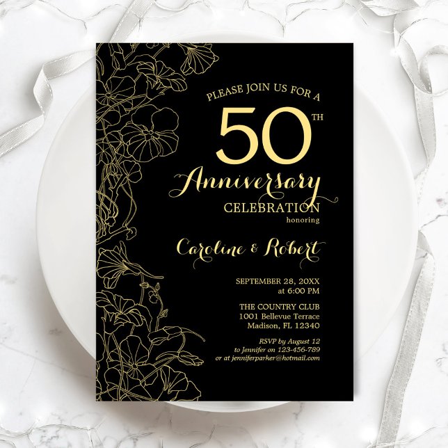 Invitación Floral Oro Negro 50 Aniversario (Subido por el creador)
