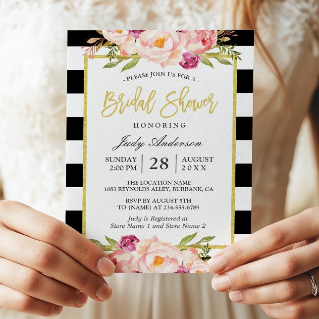 Invitación Floral Oro Negro Rayas Blancas Bridal Shower (Subido por el creador)