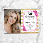 Invitación Floral Oro Rosa Blanco Foto 50 cumpleaños<br><div class="desc">Elegante invitación de 50 años floral femenina con tu foto. Glam, blanco y bebe rosado con oro falso purpurina. Cuenta con rayas, rosas rosa claro, fuente de escritura y confeti. Perfecto para un elegante fiesta de celebración de cumpleaños. Personaliza con tus propios detalles. ¡Se puede personalizar para cualquier edad! Invitaciones...</div>