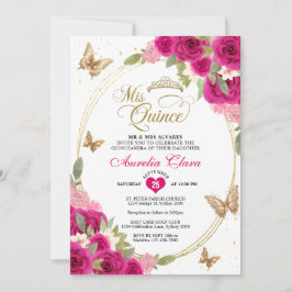 Invitación Floral Oro rosa Tiara Mariposa Mis Quinceañera