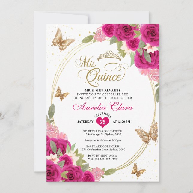 Invitación Floral Oro rosa Tiara Mariposa Mis Quinceañera (Anverso)