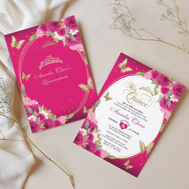 Invitación Floral Oro rosa Tiara Mariposa Mis Quinceañera (Subido por el creador)