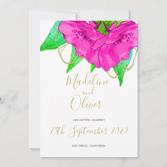 Invitación Floral Oro Verde Dorado Moderno Elegante Boda (Anverso)