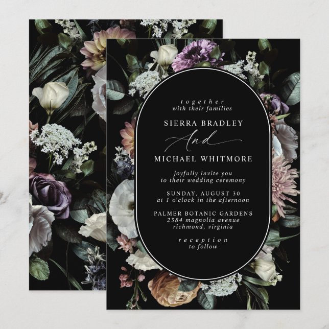 Invitación Floral oscura apagada | Elegante Boda negro de Moo (Anverso / Reverso)