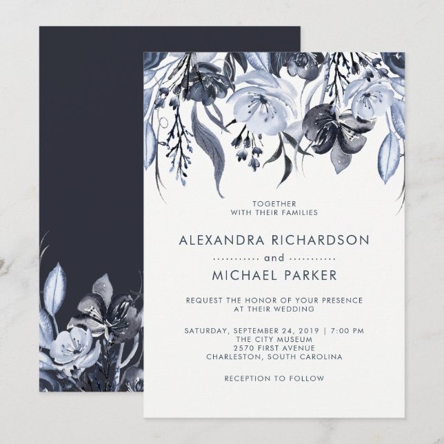 Invitación Floral oscura | Boda acuático moderno (Anverso / Reverso)