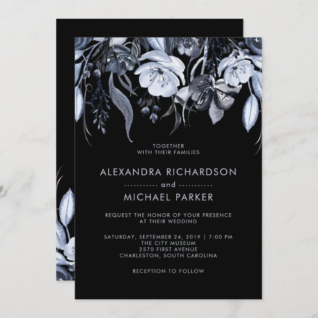 Invitación Floral oscura | Boda de acuarela negra (Anverso / Reverso)