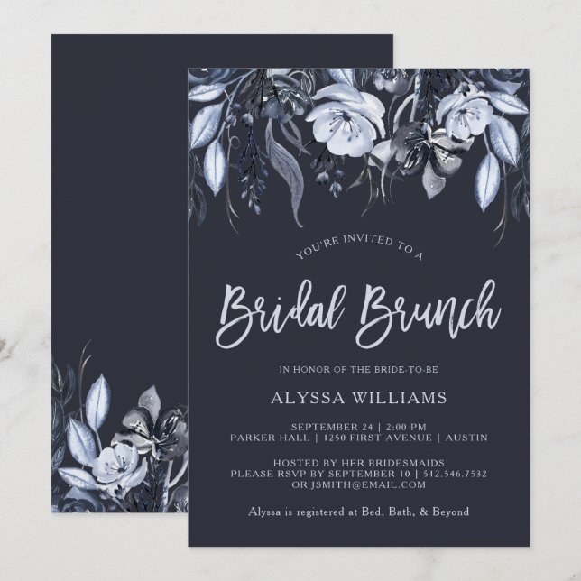 Invitación Floral oscura | Brunch nupcial azul acuarela (Anverso / Reverso)