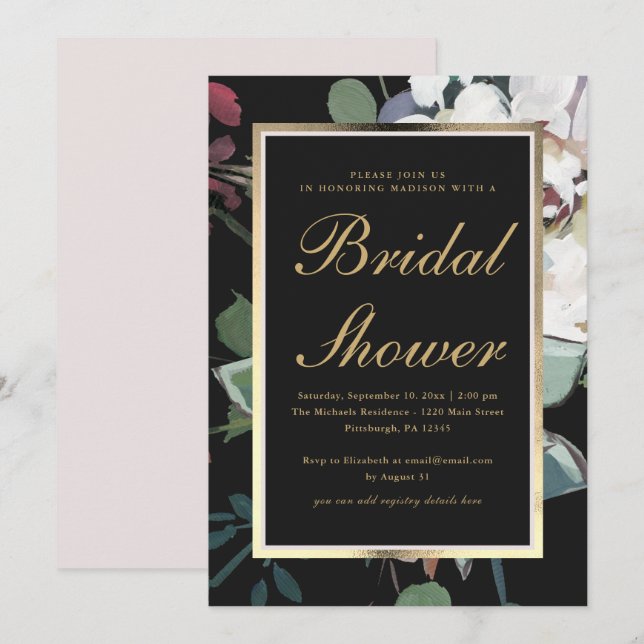Invitación Floral oscura con ducha de novia con marco dorado  (Anverso / Reverso)