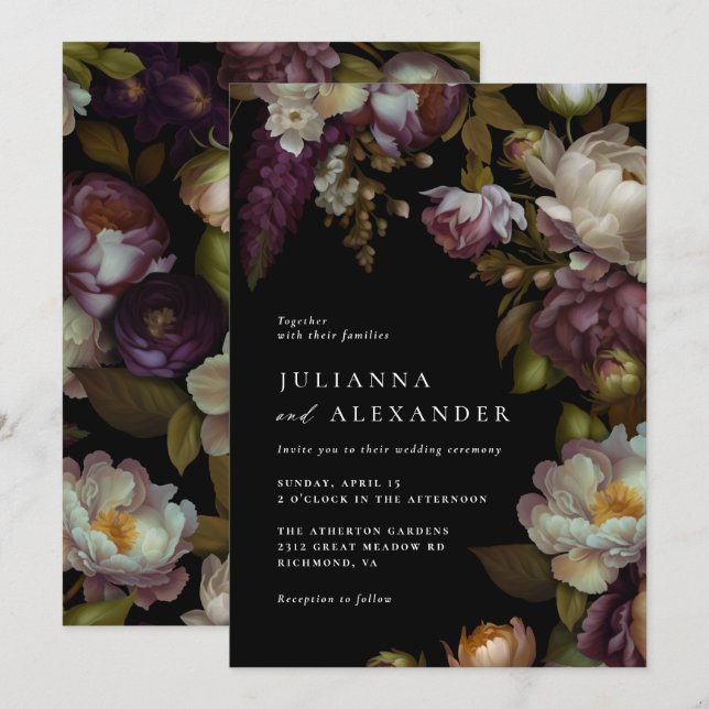 Invitación Floral oscura | Elegante Moody Moderno Boda Negro (Anverso / Reverso)