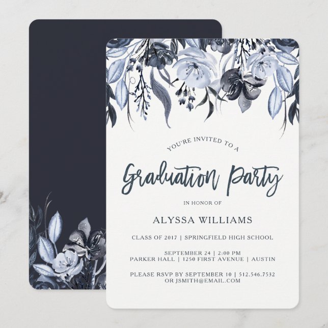 Invitación Floral oscura | Partido de Graduación de Acuarela  (Anverso / Reverso)