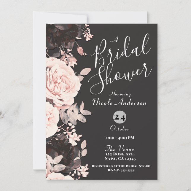 Invitación Floral oscura Rubor Carbón rosa Gray Bridal Shower (Anverso)