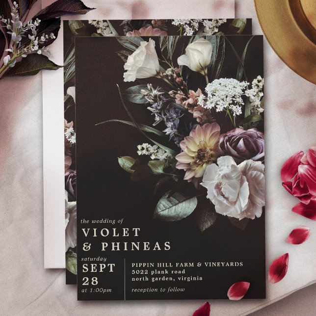 Invitación Floral oscura sobre negro | Moody Modern Boda (Subido por el creador)