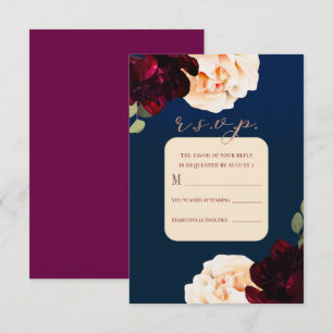 Invitación Floral Oscuro Crema Marsala & Azul Marino Responde