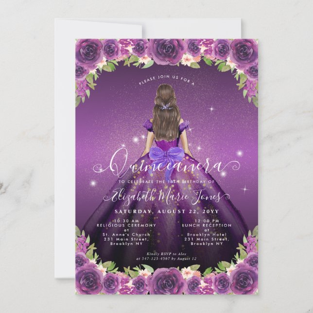 Invitación Floral Oscuro Morado Glam Princesa Quinceanera (Anverso)