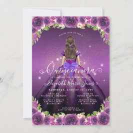 Invitación Floral Oscuro Morado Glam Princesa Quinceanera