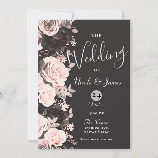 Invitación Floral Oscuro Rosa Rubor Gris Carbón Negro Boda (Anverso)