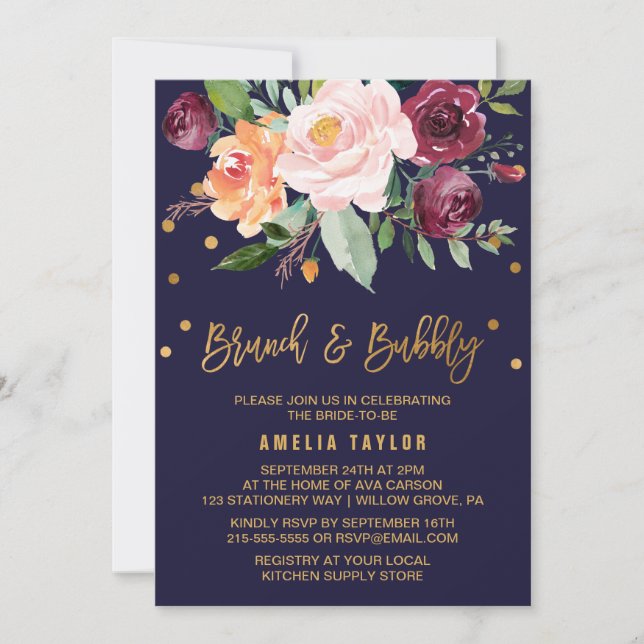 Invitación Floral otoñal con brunch de Wreath Backing y Bubbl (Anverso)