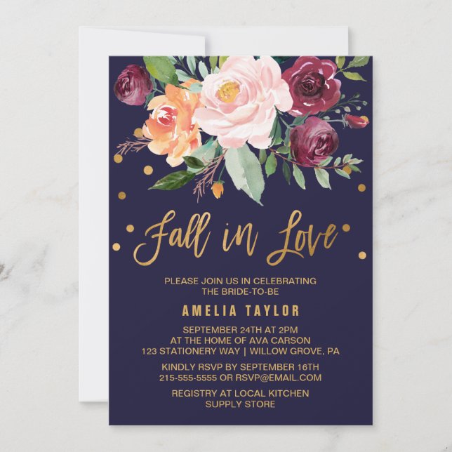 Invitación Floral otoñal con ducha de novias con respaldo de  (Anverso)