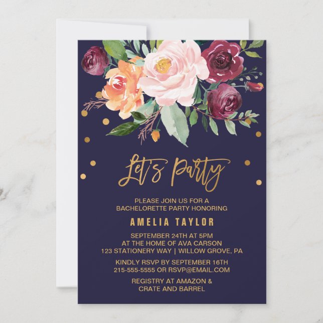 Invitación Floral otoñal con palos de flores vamos Fiesta (Anverso)