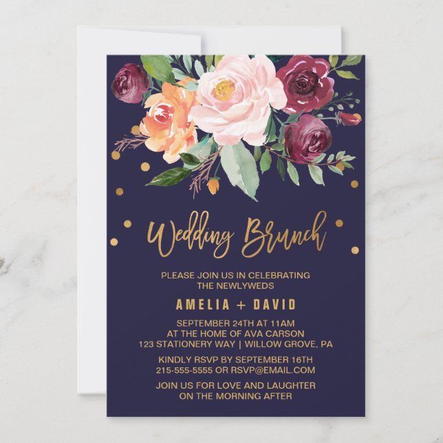 Invitación Floral otoñal con Wreath Backing Boda Brunch (Anverso)