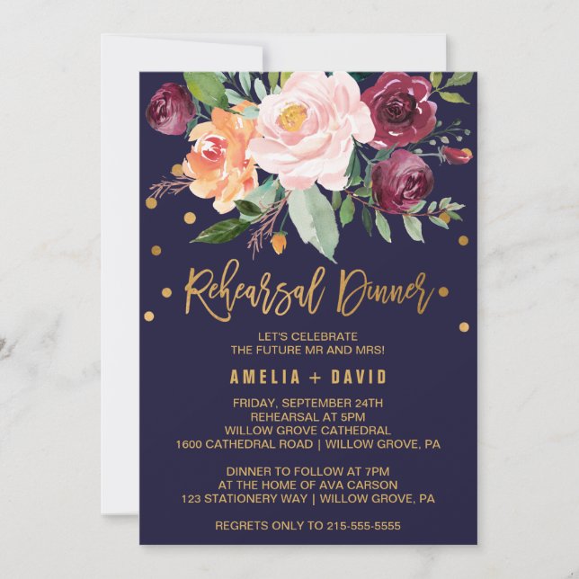 Invitación Floral otoñal con Wreath Backing Rehearsal Dinner (Anverso)