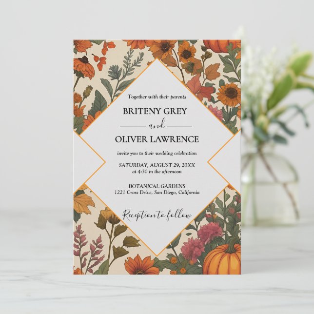 Invitación Floral Otoñal Rústico Calabaza - Cosecha de Otoño  (Anverso de pie)