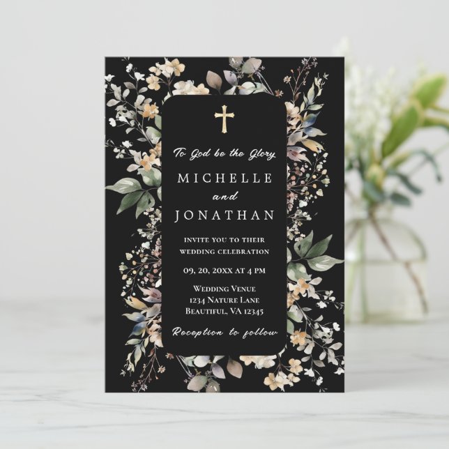 Invitación Floral otoñal sobre cristiano negro Boda de la Bib (Anverso de pie)